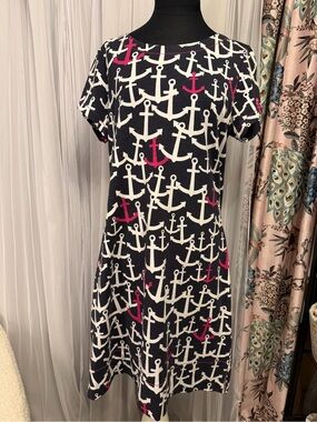 Hatley Navy Anchor Print Midi Dress with Pink Accents